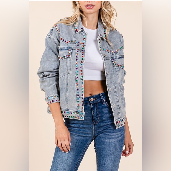 F7.  DENIM RHINESTONE DETAIL JACKET - Picture 1 of 1